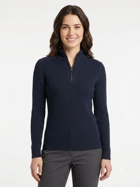 Express Womens Sweater Size L Navy Blue 100% Cotton Ribbed Knit 1/4 Zip Pullover